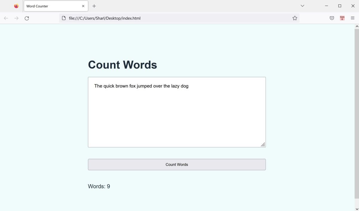 JS word counter in browser with updated word count