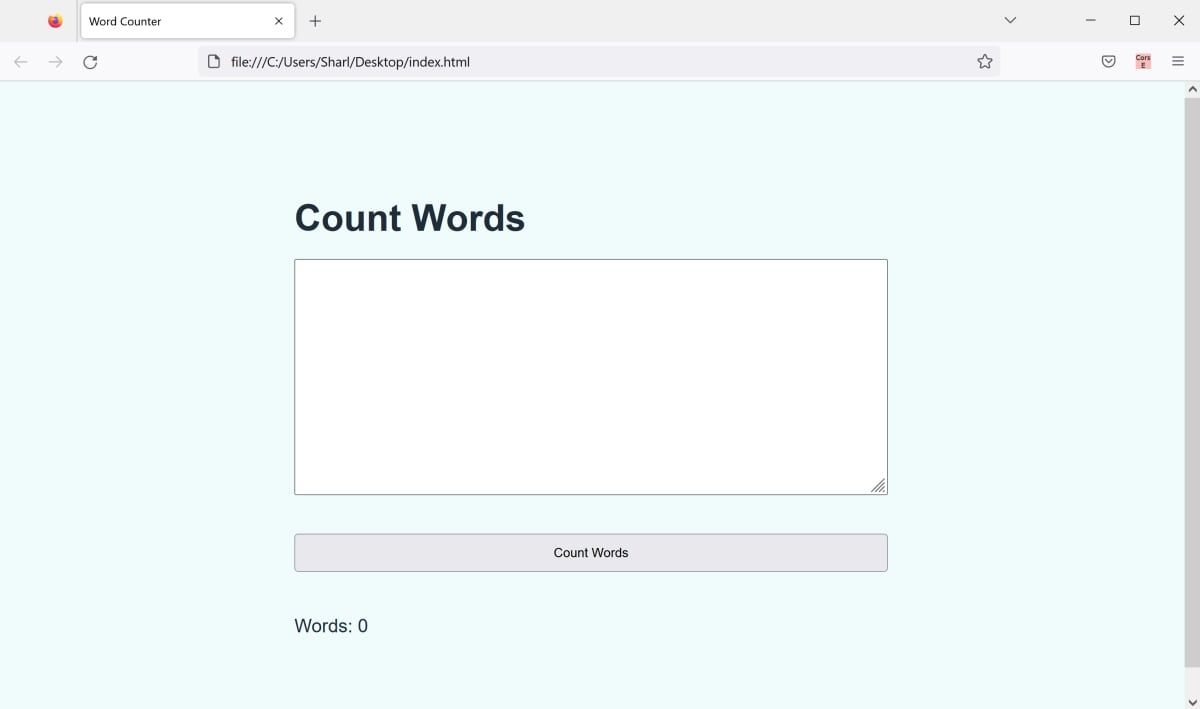UI for word counter open in the browser