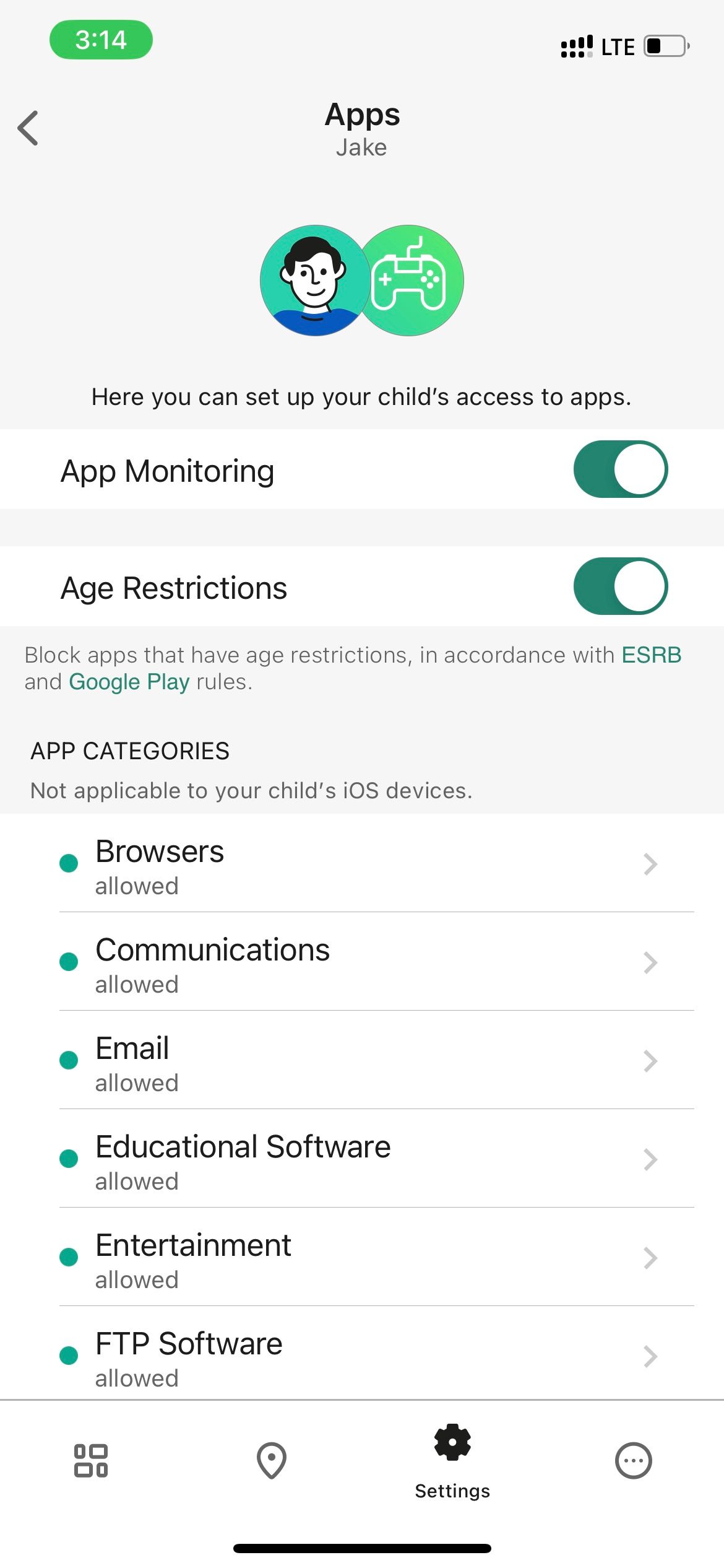 Kaspersky Safe Kids settings