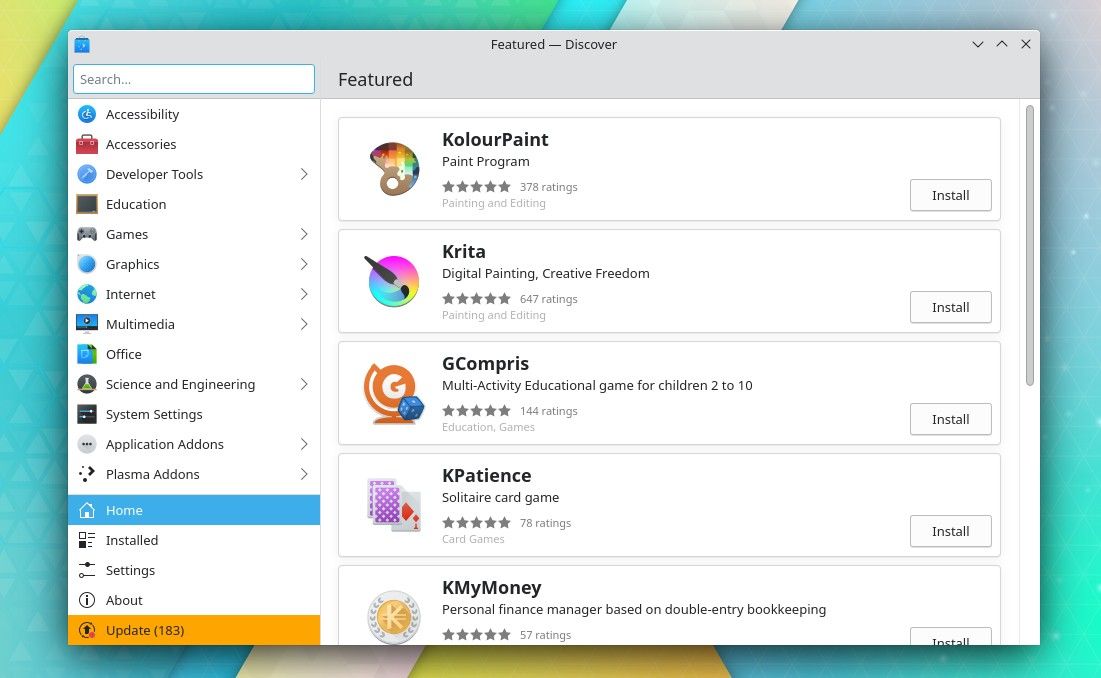 KDE Discover displaying featured applications