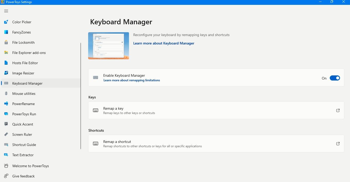 Keyboard Manager Settings in PowerToys