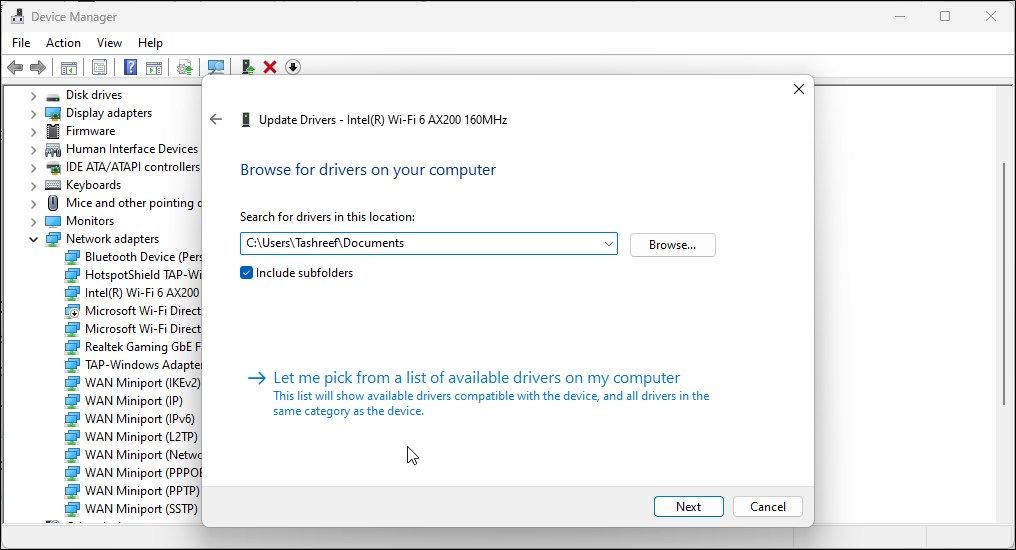 let me pick driver from list available drivers on my computer