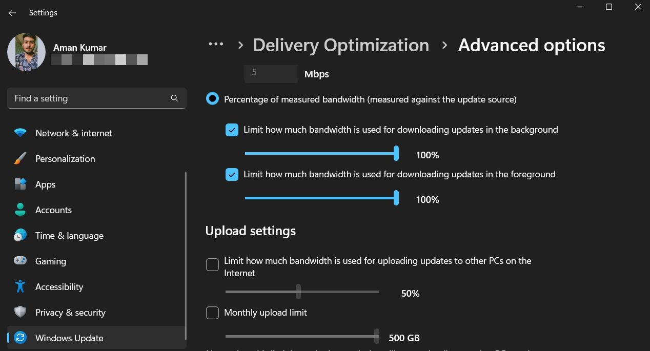 Limit how much bandwidth is used for downloading updates in the foreground option in the Settings menu
