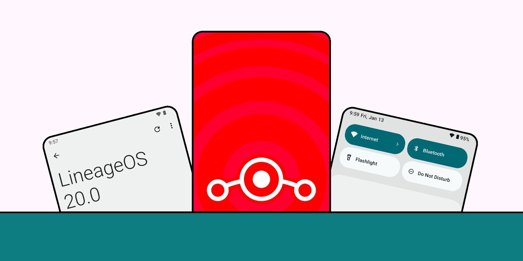 Screenshots of LineageOS updater logo and quick settings 