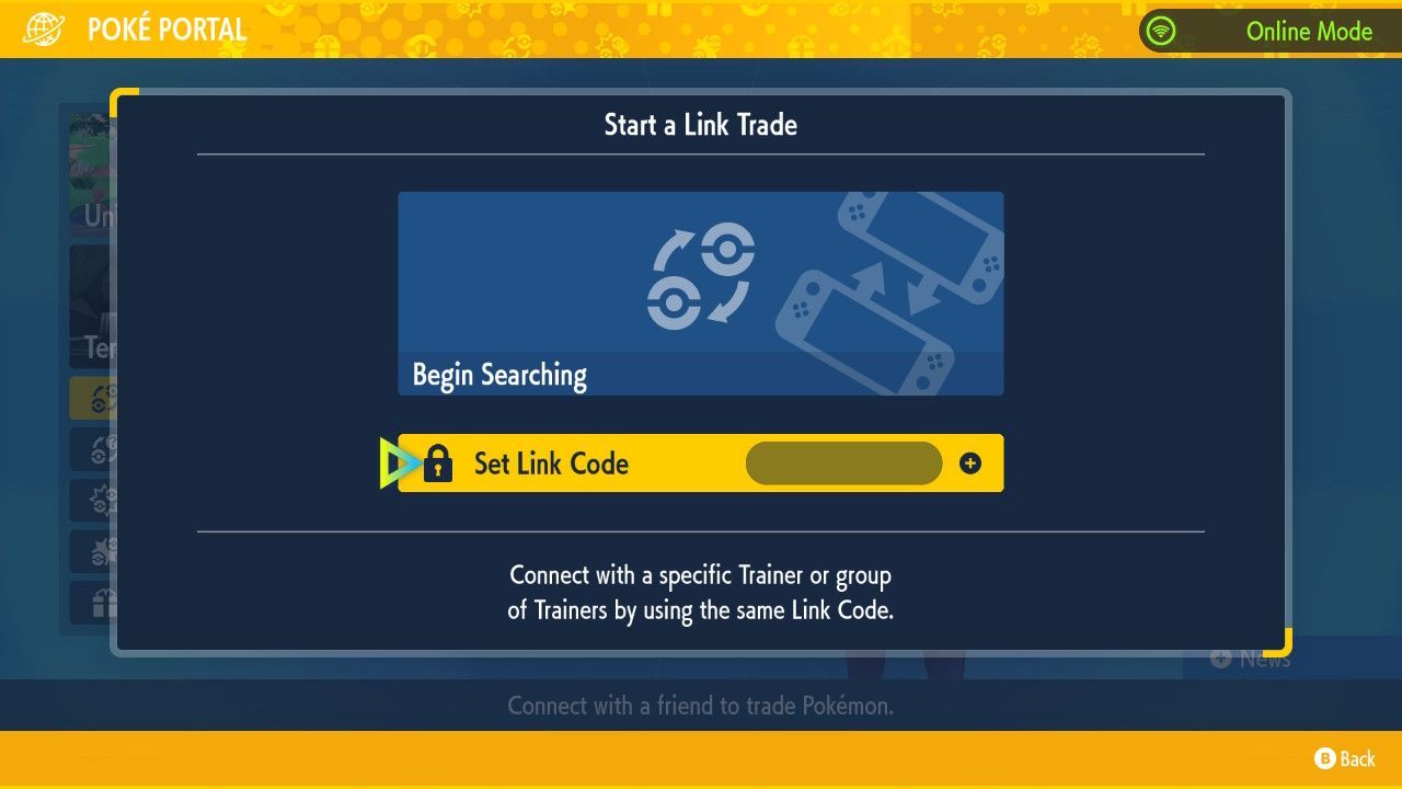 A screenshot of the Link Trade option sin Pokemon Violet with Set Link Code highlighted 
