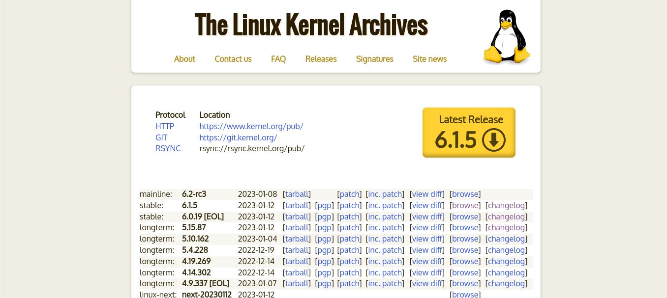 Sitio web del kernel de Linux 12 de enero de 2023