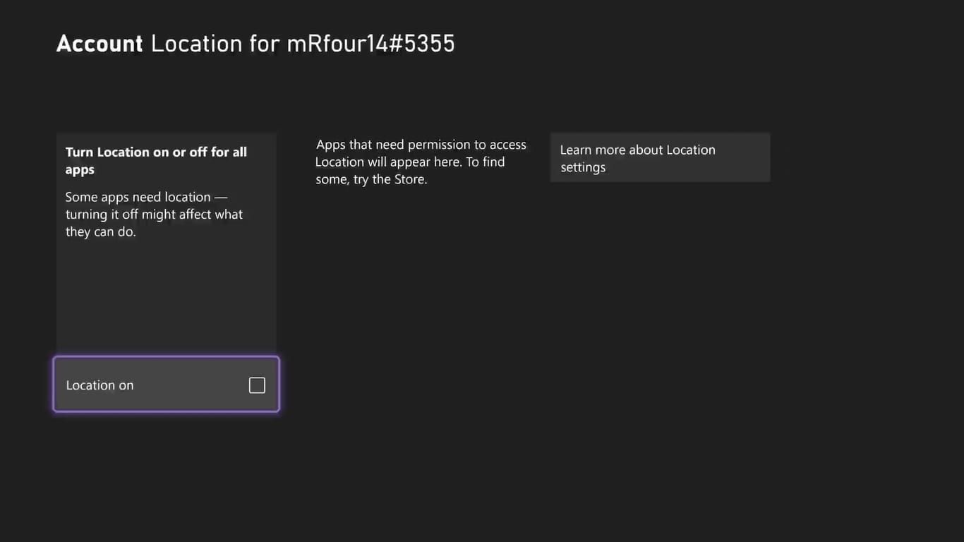 A screenshot of the location settings for App Privacy on Xbox Series X.