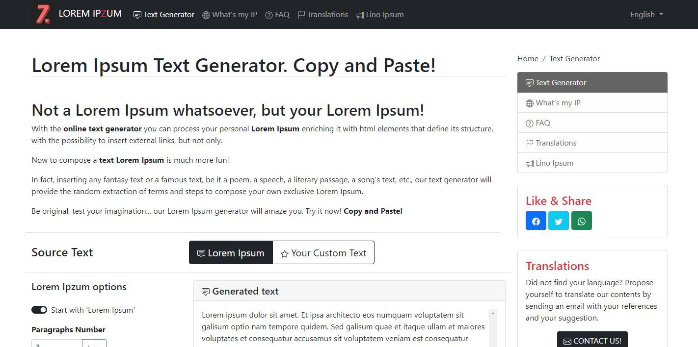 Screenshot of Lorem Ipsum Text Generator landing page