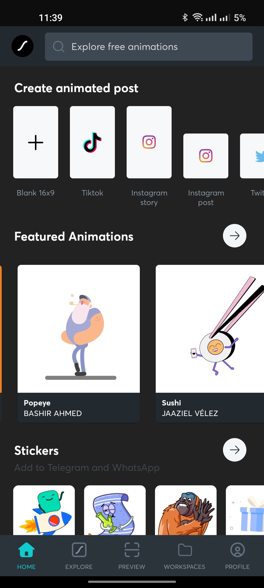 LottieFiles dashboard with preset post sizes and featured animations