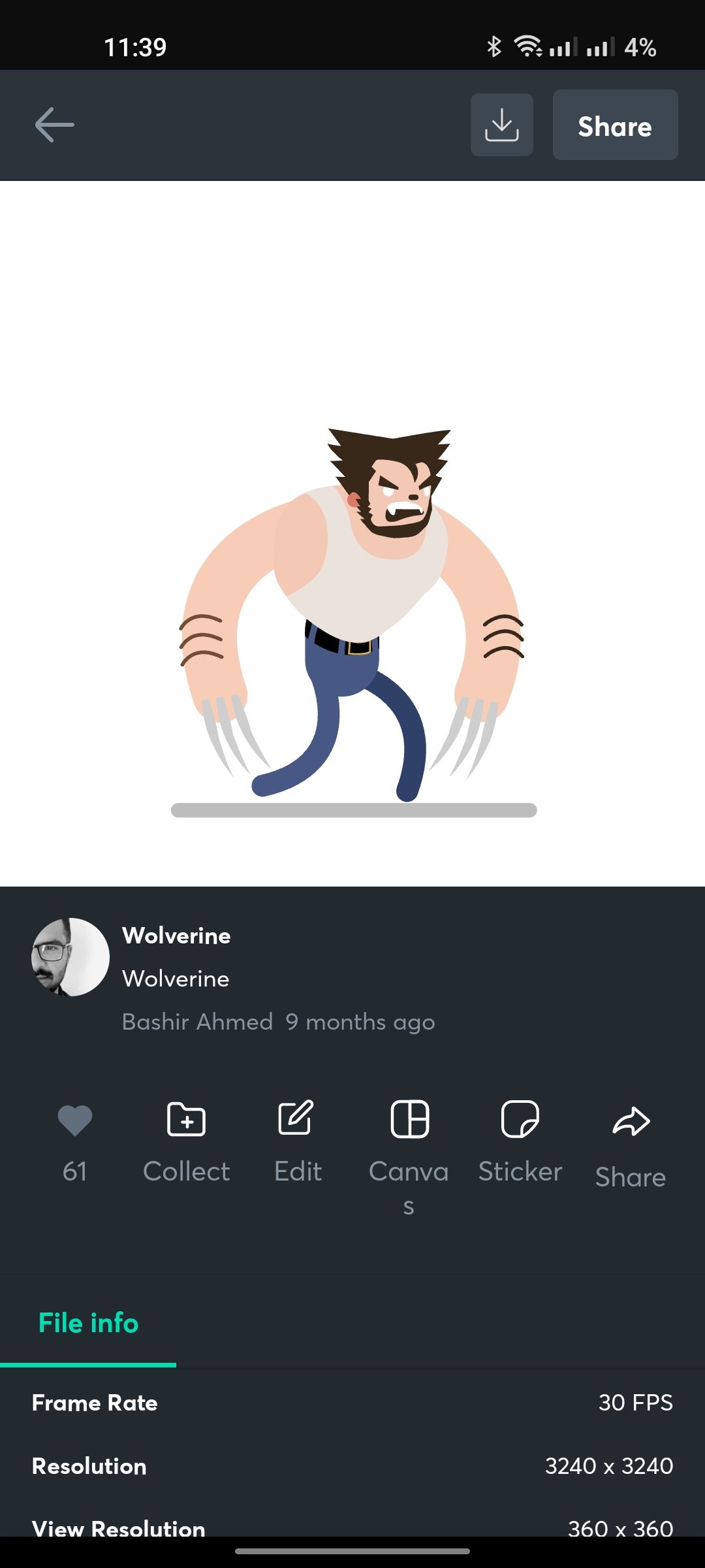 Wolverine animation with options to save, edit, and share