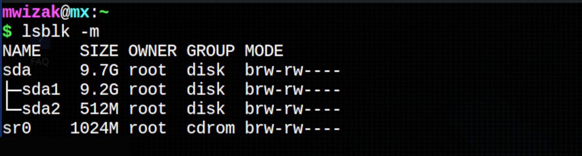 lsblk command showing owner group and mode