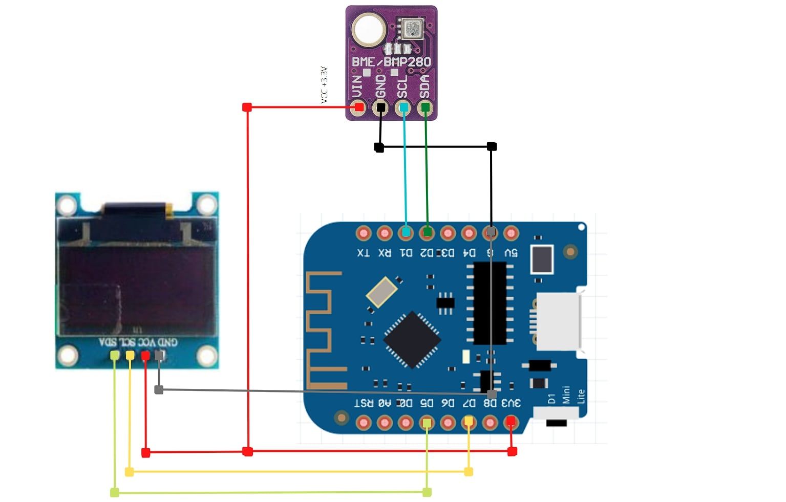 Wiring diagram for connecting BME280 sensor and OLED display to D1 Mini