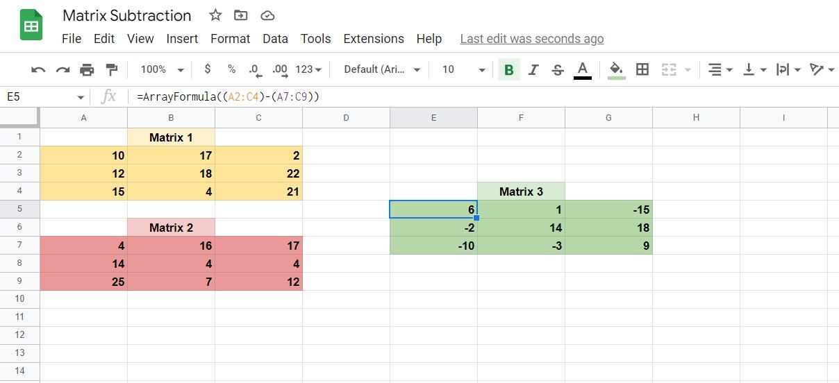 Subtraction of two matrices in Google Sheets