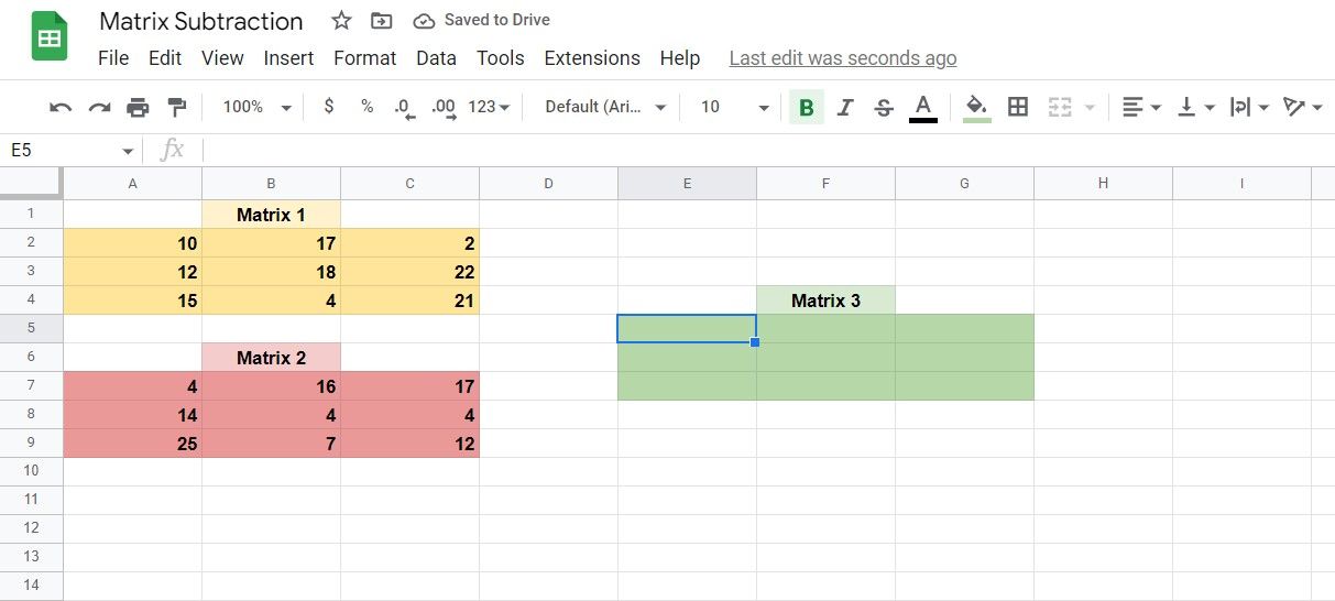 Two matrices waiting for subtraction in Google Sheets