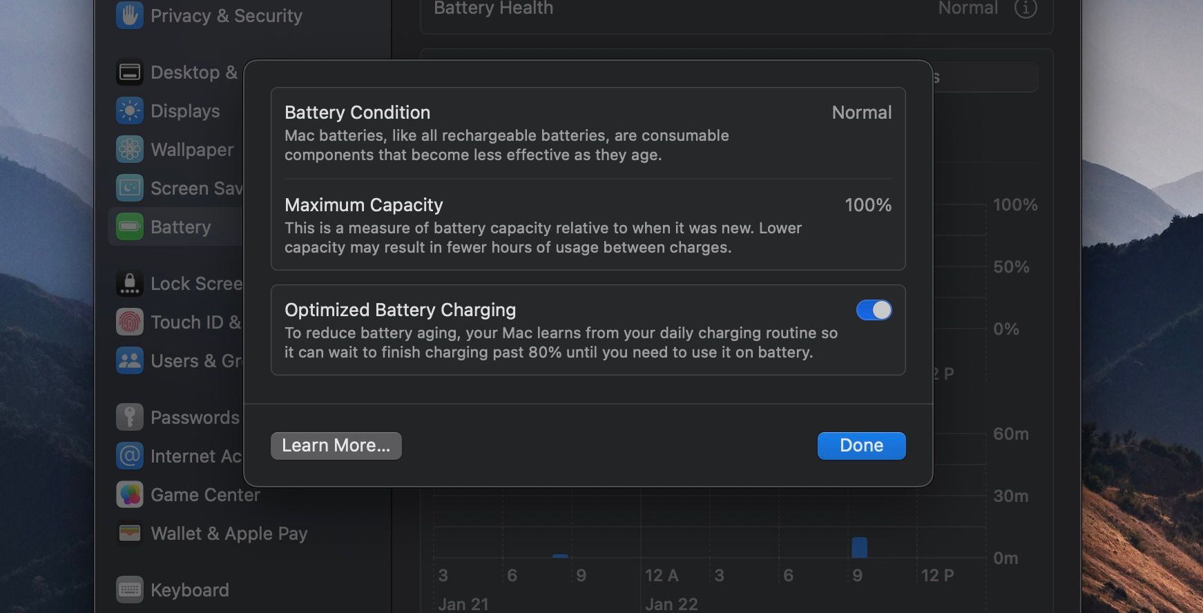 Maximum battery capacity in macOS Ventura