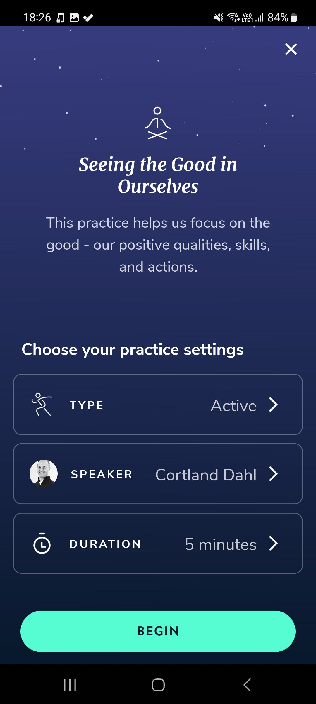Meditation activity options in Healthy Minds Program app