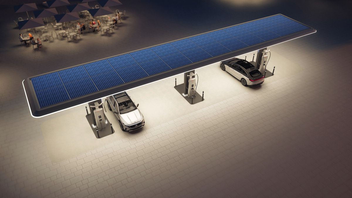 Aerial view of Mercedes-Benz solar-powered charging hub concept