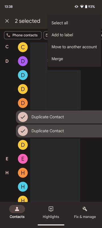 merging duplicate contacts in Contacts manually