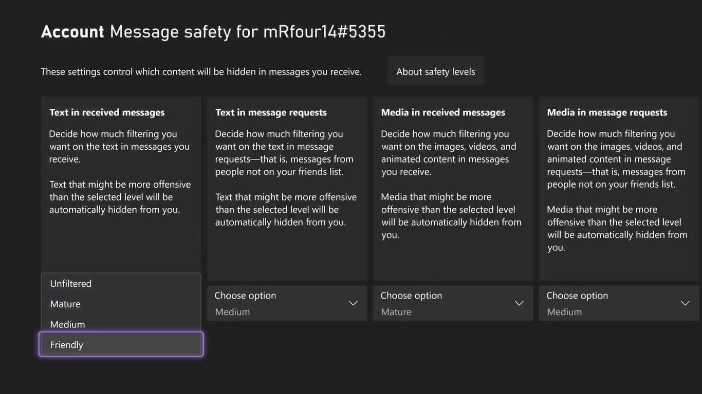 Screenshot of Xbox Series X message security settings with option 