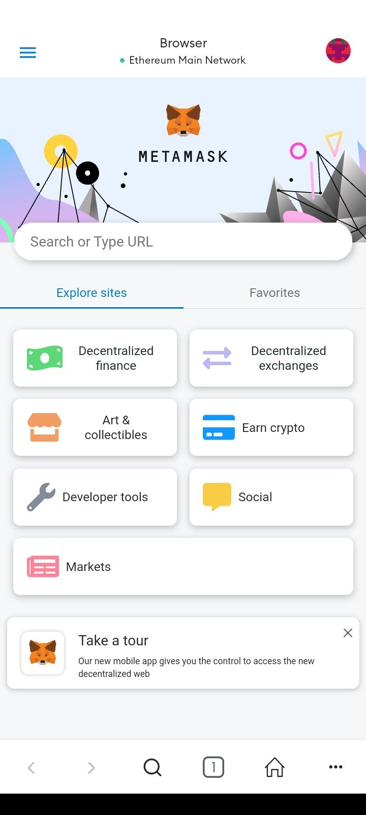 صفحه اصلی مرورگر اپلیکیشن موبایل MetaMask