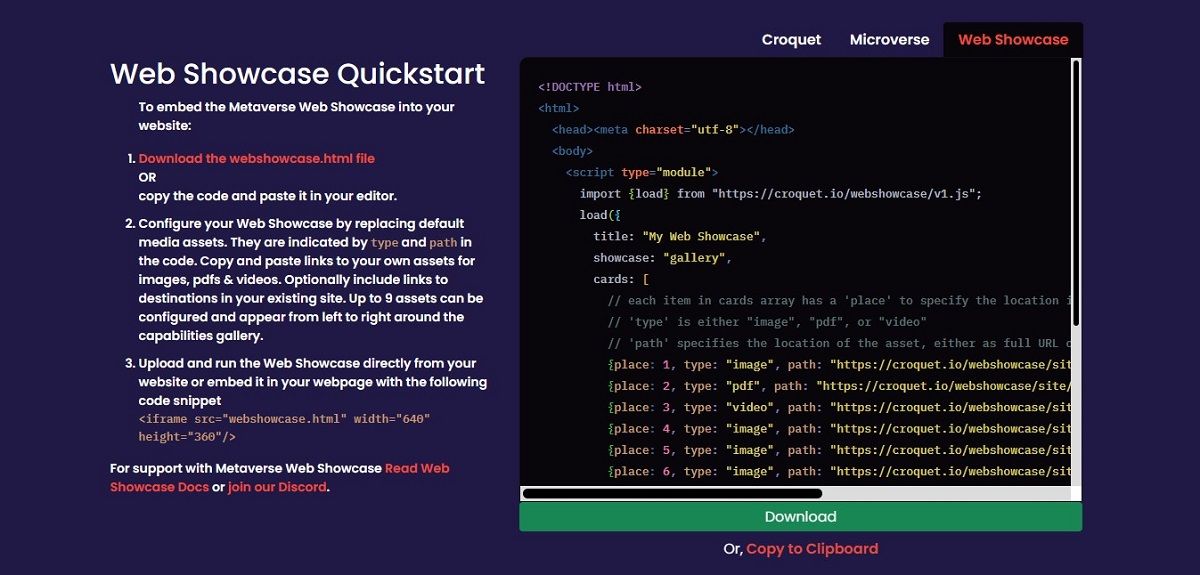 O código por trás da sala Metaverse Web Showcase padrão.