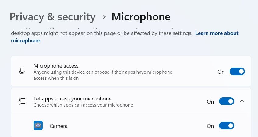 Tùy chọn truy cập micrô trong ứng dụng Cài đặt