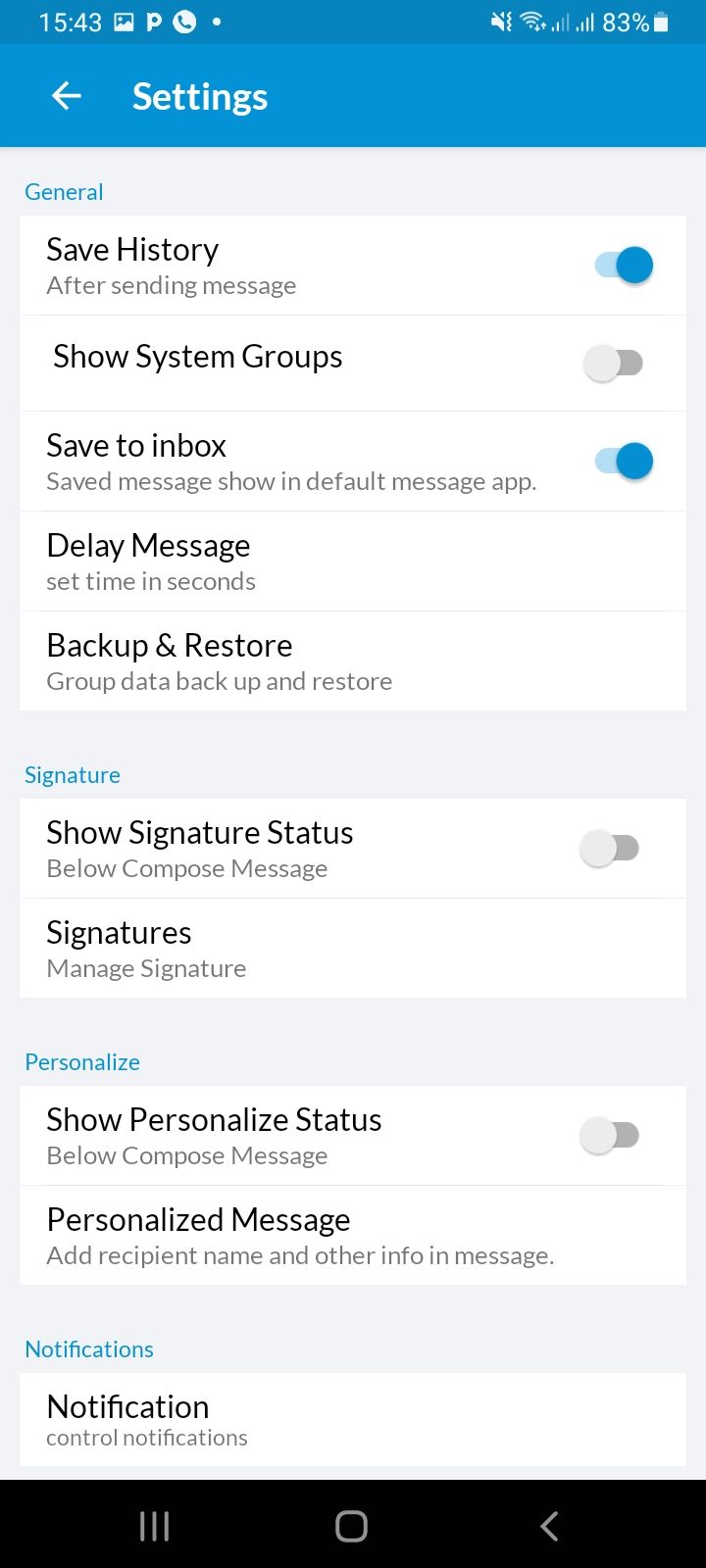 Multi SMS Sender (MSS) settings page