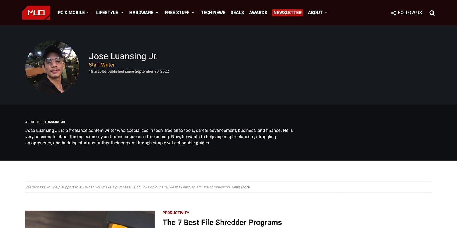 The About Page of MUO Writer Jose Luansing Jr.
