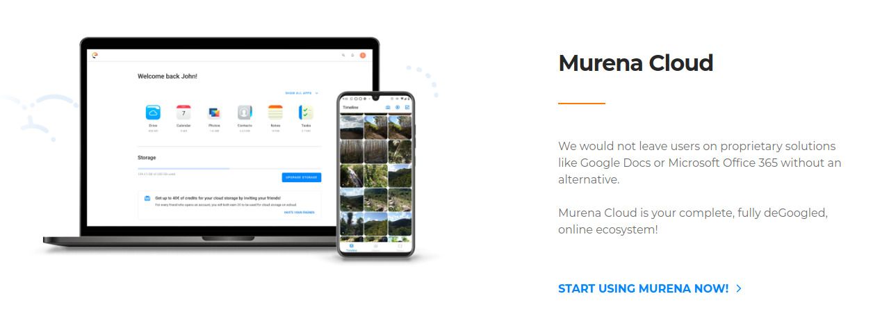 Murena homepage with yellow e logo