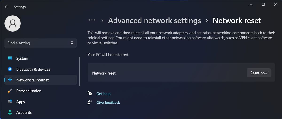 Network settings in Windows 11