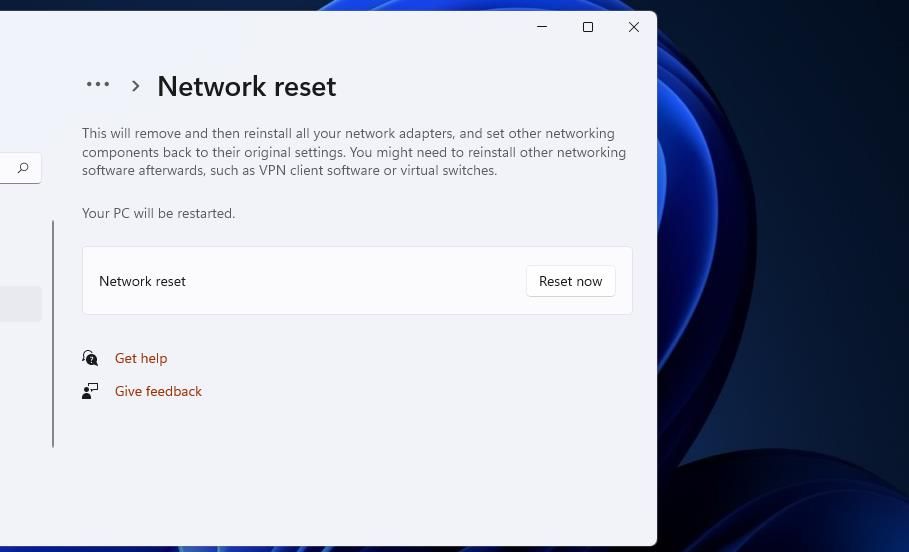 The Network reset option 