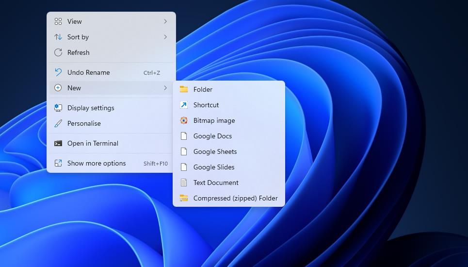 The New and Shortcut desktop context menu options