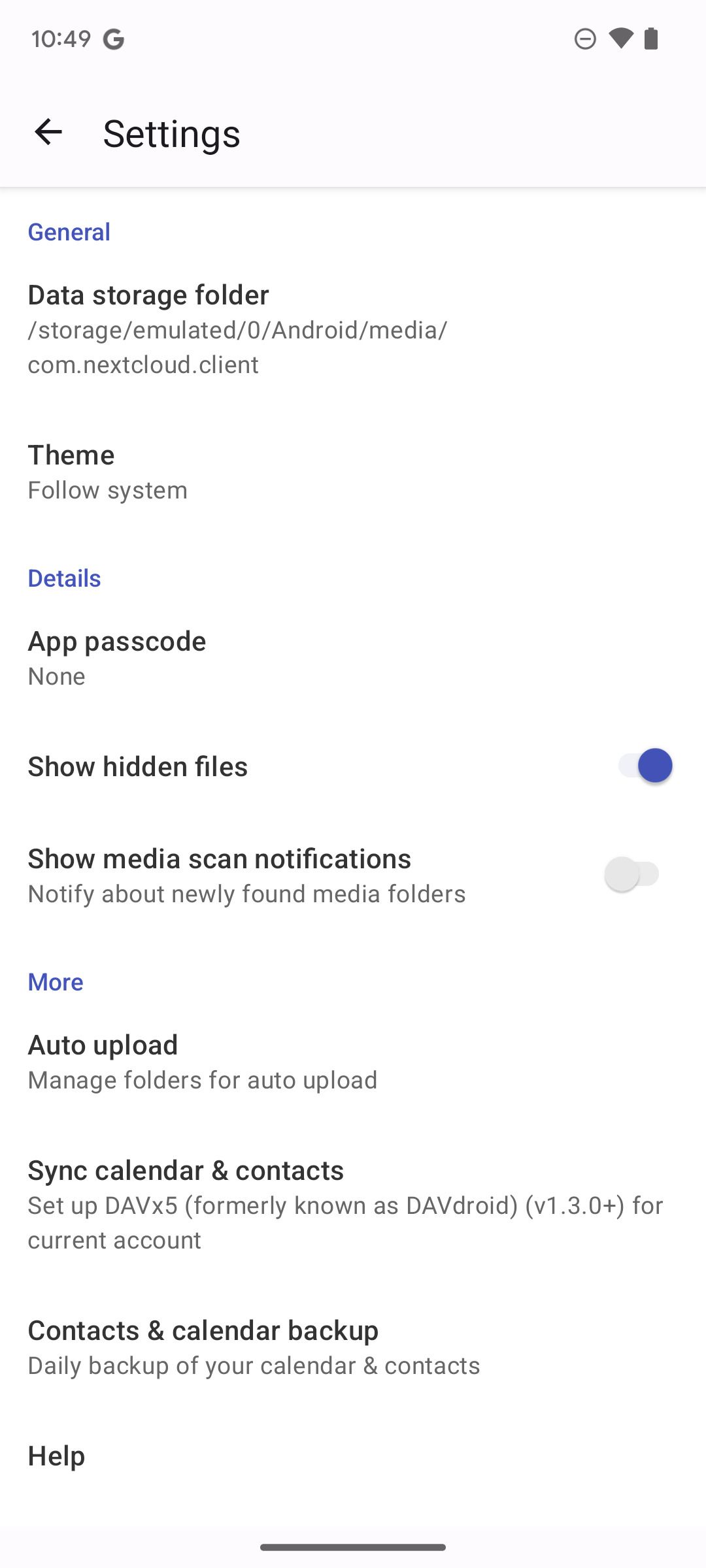 صفحه تنظیمات برای برنامه Android Nextcloud