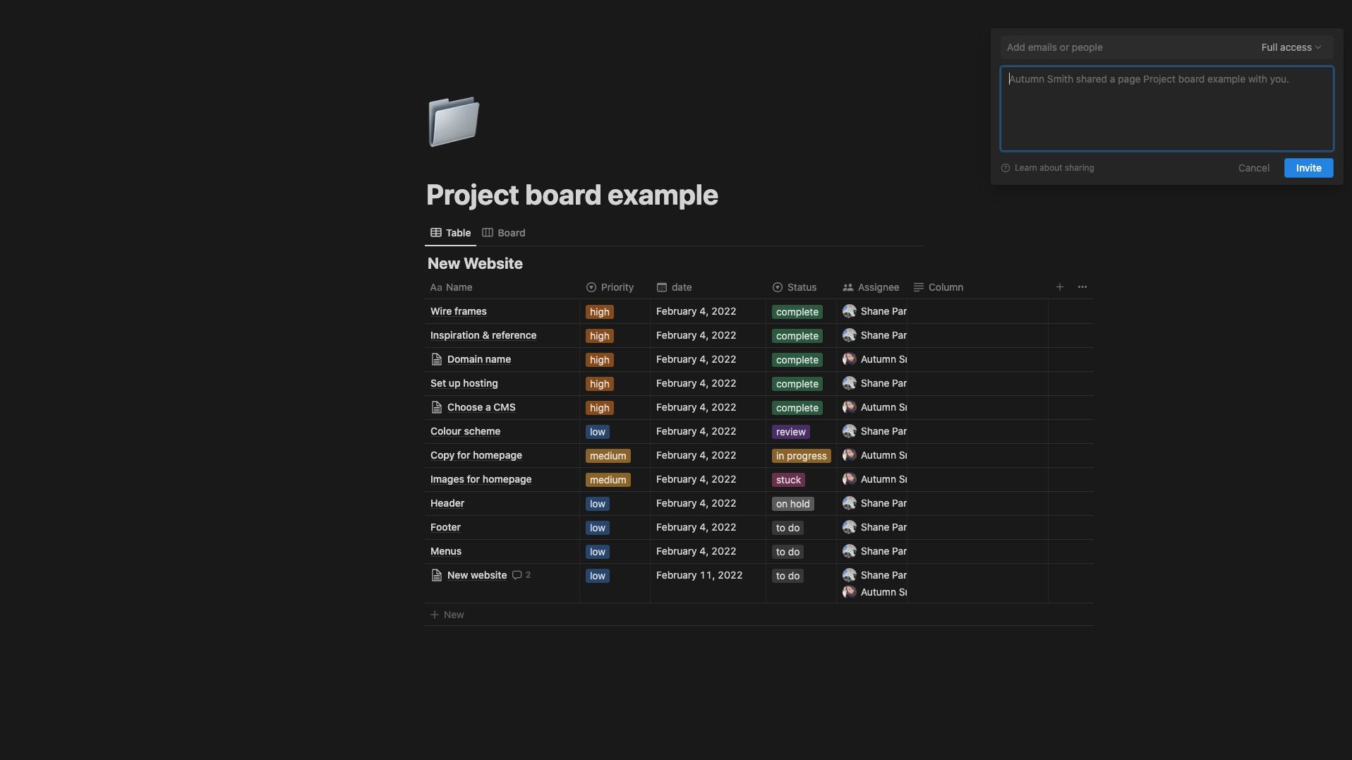 Opsi menu berbagi dalam perangkat lunak manajemen proyek