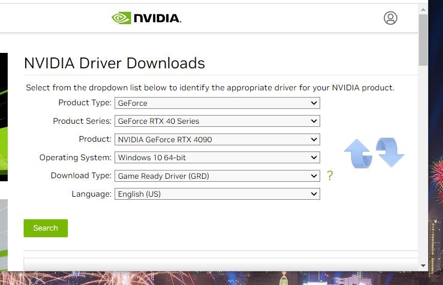 La página de descarga del controlador NVIDIA