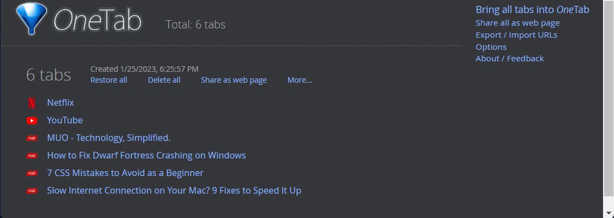 Chrome One Tab extension