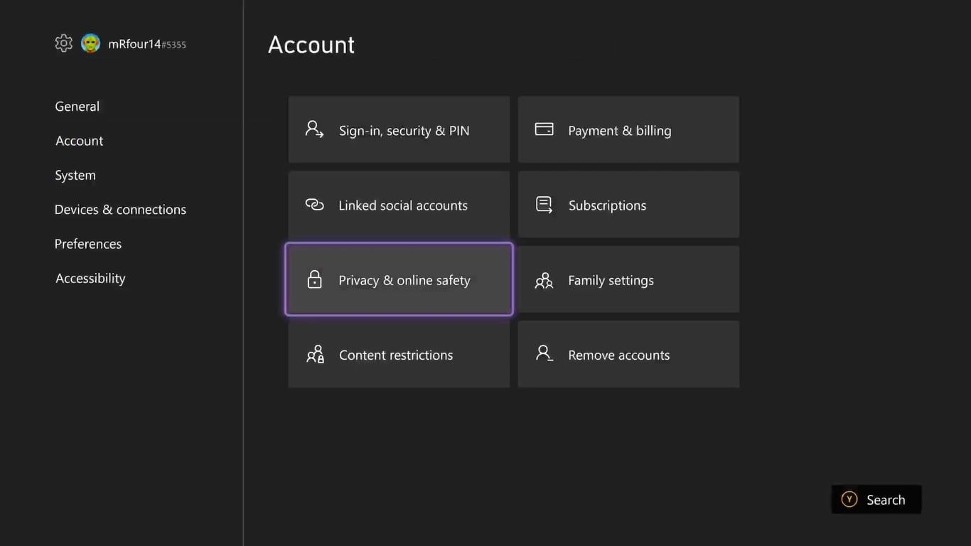 Screenshot of account settings on Xbox Series X, with privacy and online security highlighted. 