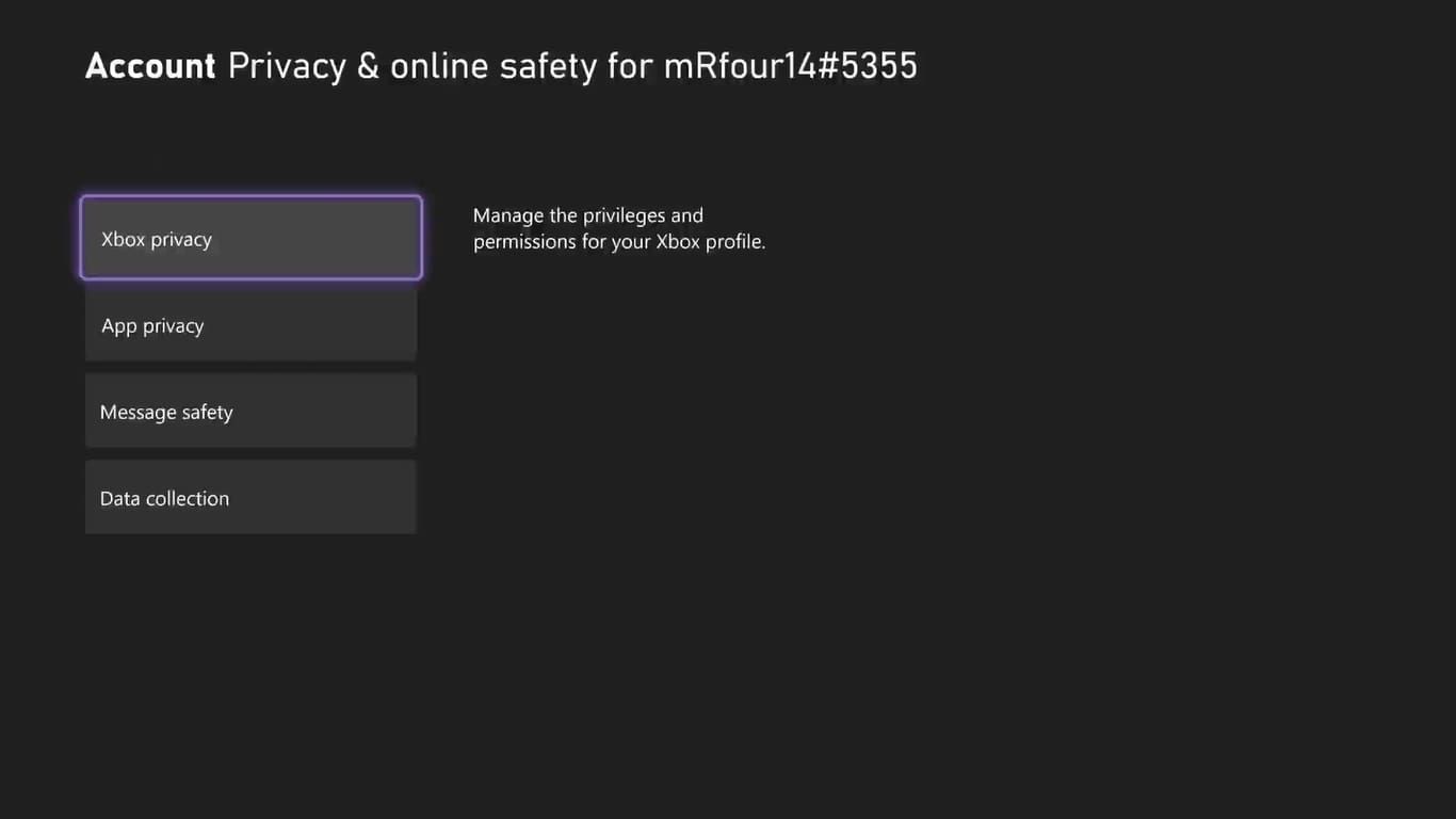 A screenshot of the privacy and online safety options on Xbox Series X.