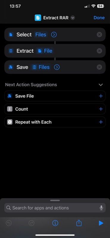 shortcut actions for extracting a RAR file on iPhone
