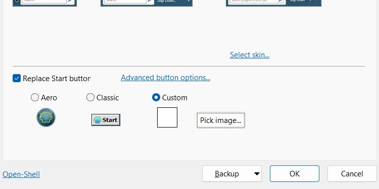 Seleccionar el botón de inicio en un shell abierto en Windows