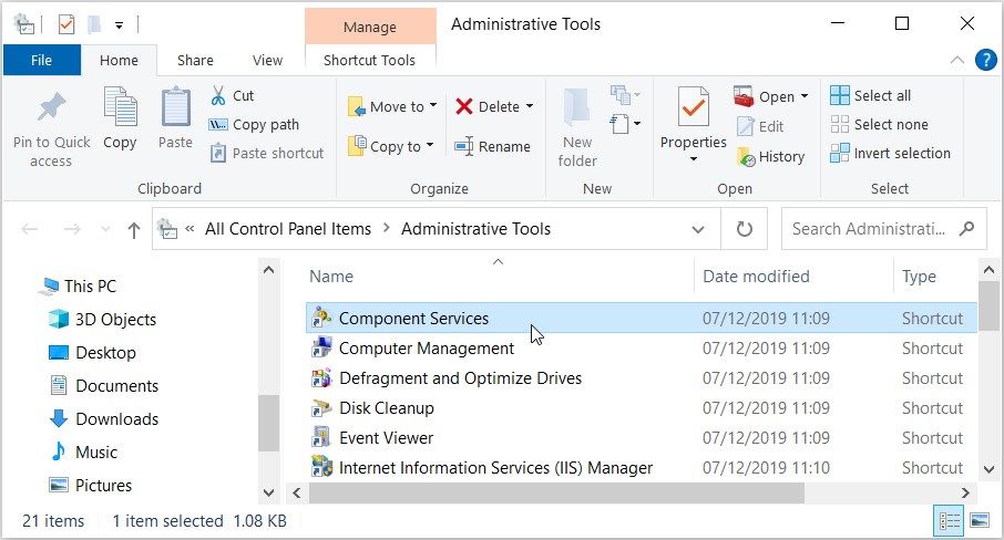 Opening the Component Services tool using the Control Panel