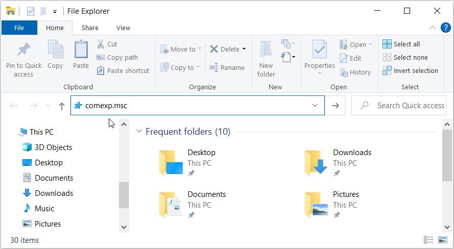 Opening the Component Services Tool Using the File Explorer Address Bar