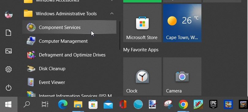 Opening the Component Services tool using the Start Menu