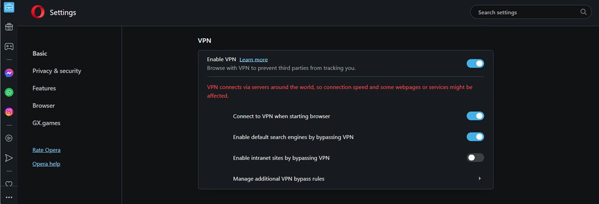 Opera VPN settings