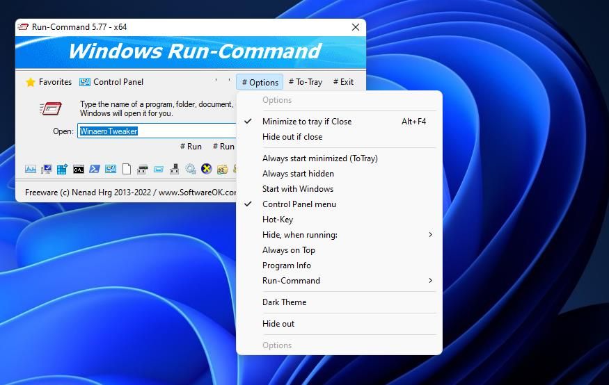 The Options menu in Run-Command 