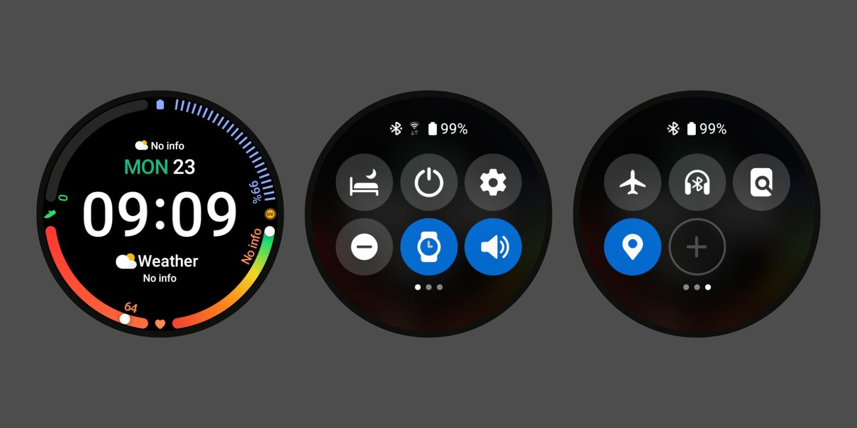 Screenshots showing a watch face on galaxy watch 4 and its quick settings menu