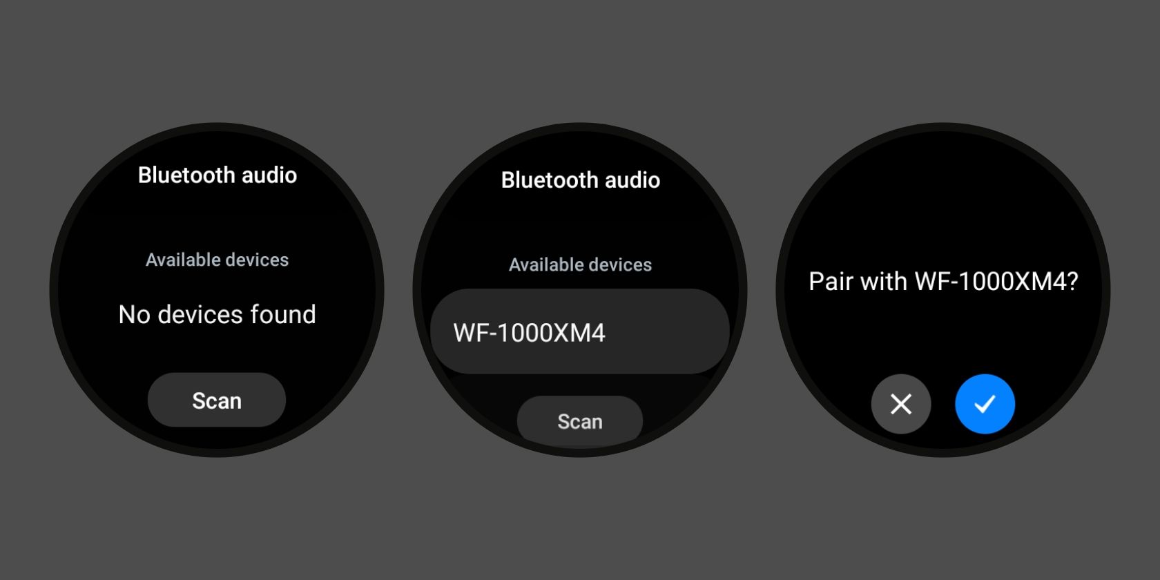 bluetooth headphones pairing screen on samsung galaxy watch 4 running Wear OS 3