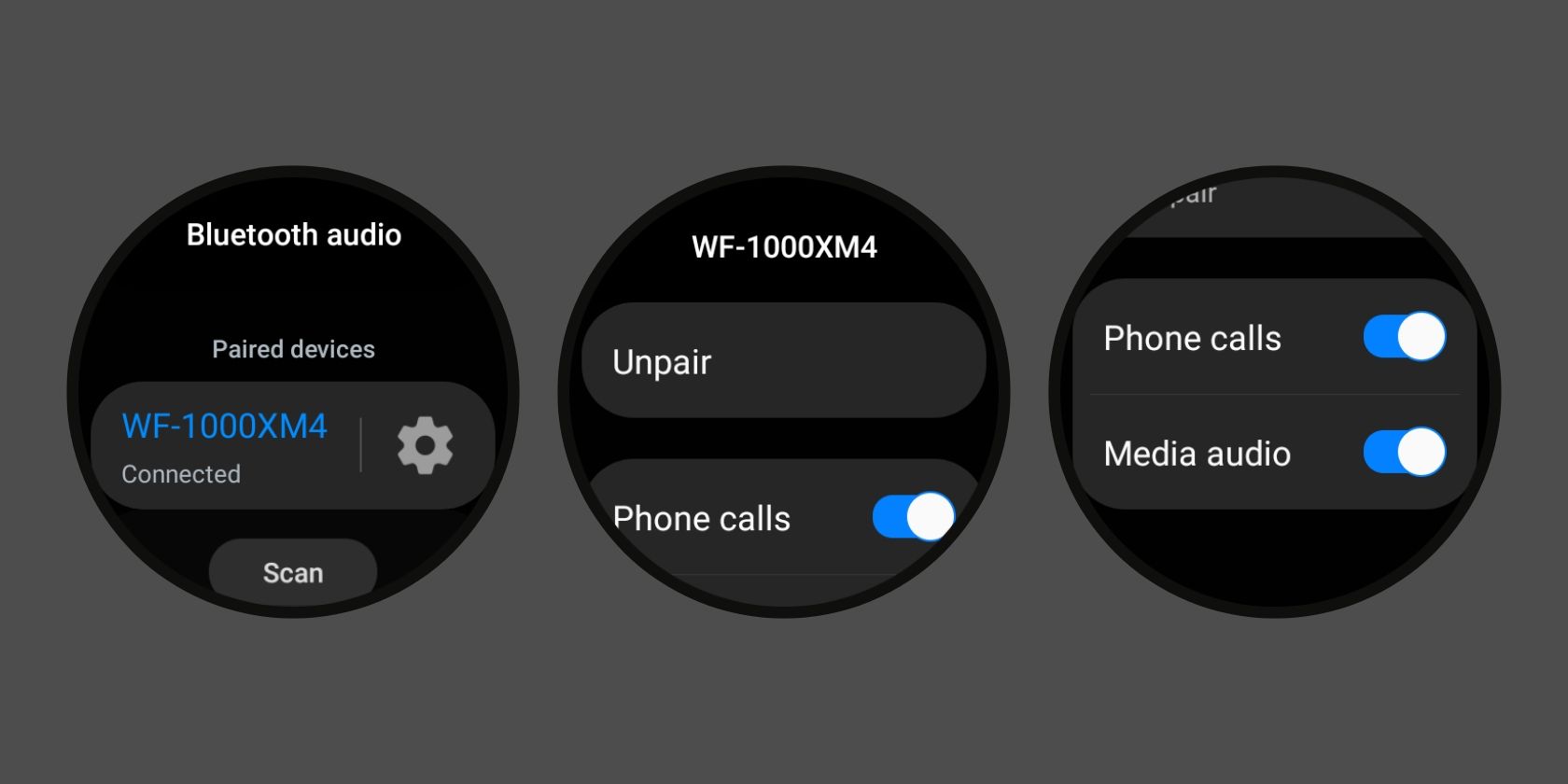 bluetooth device settings sub-menu in Wear OS 3 on Samsung Galaxy Watch 4