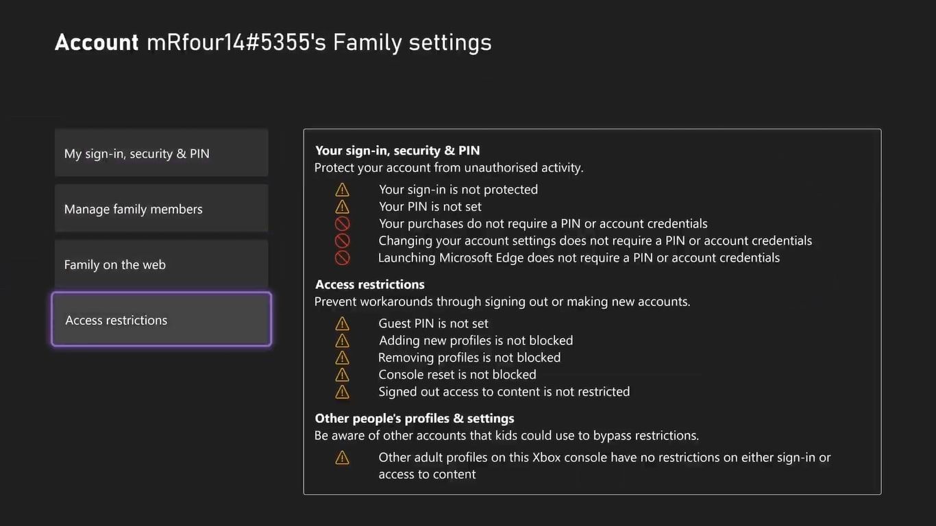 A screenshot of the family settings options that enable parental controls on Xbox Series X.