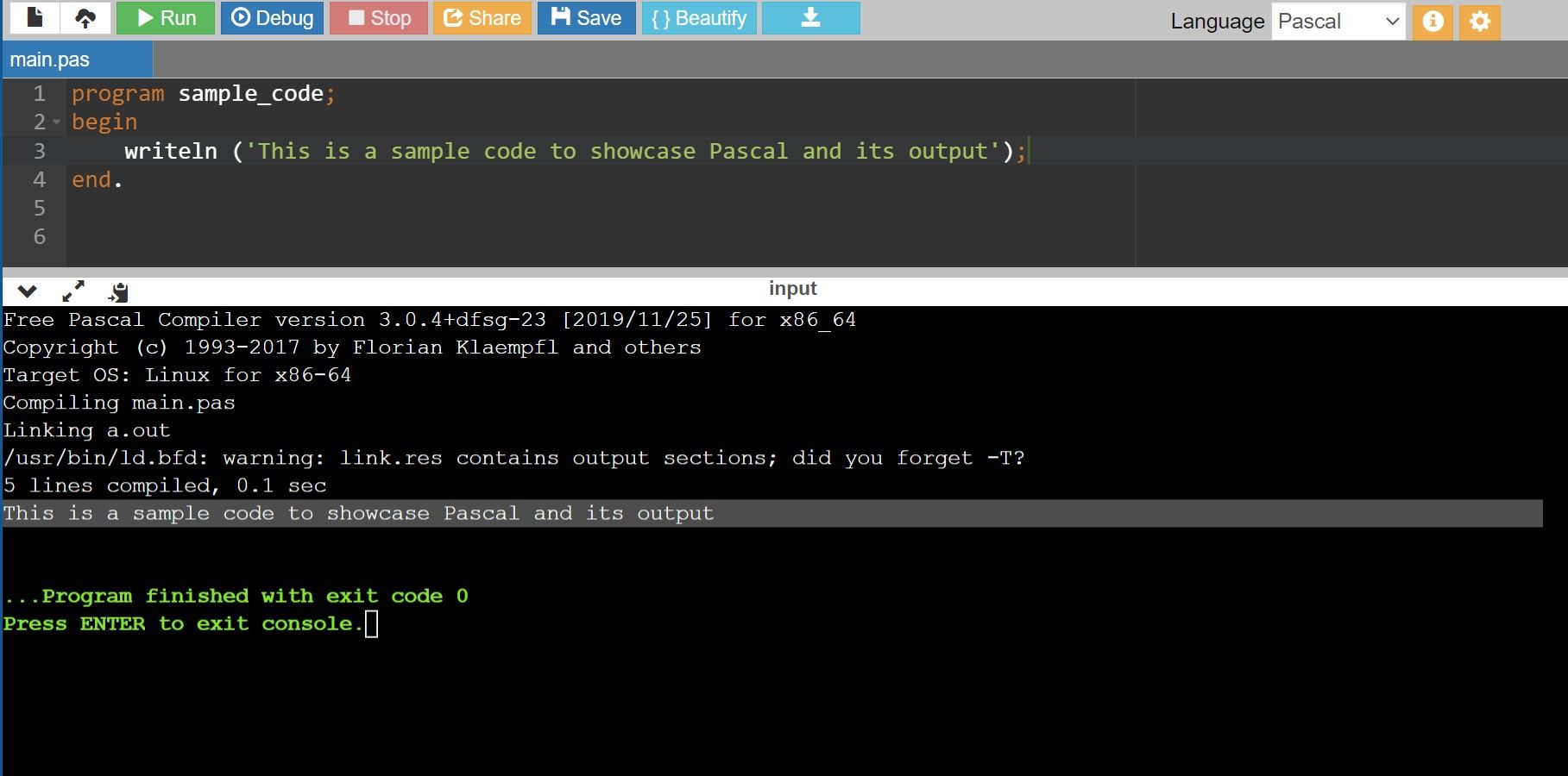 Código de muestra de Pascal y salida en la ventana del compilador en línea
